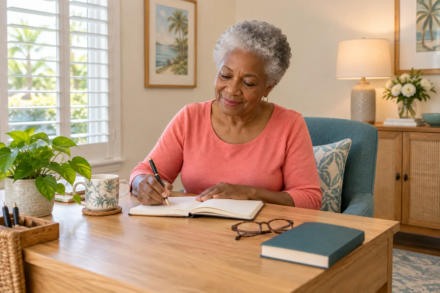 Illustrative scene of an older woman planning her day with everyday essentials close by